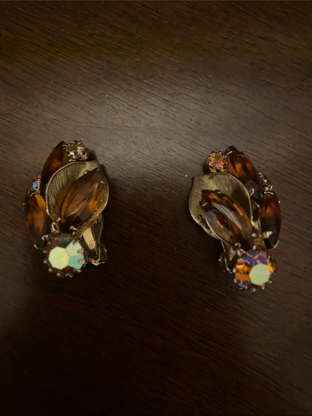 Albert Weiss Amber and Aurora Borealis Clip-On Earrings - Gold Tone